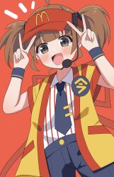 1girl absurdres ahoge blue_necktie blue_shorts blush brown_hair commentary double_v grey_eyes headset highres hosinonana imadake_dabuchi_tabemi looking_at_viewer mcdonald&#039;s necktie notice_lines open_mouth red_background shirt shorts simple_background solo striped_clothes striped_shirt tie_clip twintails v vertical-striped_clothes vertical-striped_shirt visor_cap white_shirt yellow_happi