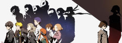 10s 4boys 4girls akechi_gorou amamiya_ren bad_id bad_pixiv_id cat club3 everyone highres kitagawa_yuusuke mask morgana_(cat)_(persona_5) morgana_(persona_5) multiple_boys multiple_girls niijima_makoto okumura_haru persona persona_5 sakamoto_ryuuji sakura_futaba school_uniform shadow silhouette smile spoilers takamaki_anne walking