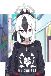 1girl black_bag black_hair black_hoodie black_horns blue_archive closed_mouth commentary_request demon_horns ear_piercing hair_between_eyes halo hands_in_pockets highres hood hoodie horns kayoko_(blue_archive) long_sleeves looking_at_viewer mole mole_on_neck outdoors piercing ponytail red_eyes sidelocks solo standing welchsbinn white_hair