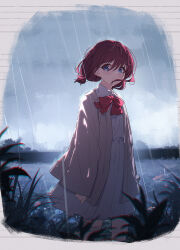 1girl blue_eyes blush bow bowtie brown_cardigan cardigan chinese_commentary commentary_request dress girls_band_cry highres iseri_nina low_twintails outdoors parted_lips rain red_bow red_bowtie red_hair short_hair short_twintails solo twintails wet white_dress yun_cao_bing