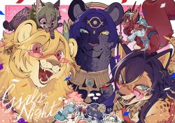 ? ?? animal animal_on_head animalization black_hair black_panther blonde_hair blue_eyes blue_hair border candace_(genshin_impact) cat chipmunk closed_mouth clothed_animal collei_(genshin_impact) commentary confetti cup dehya_(genshin_impact) detached_sleeves drink english_commentary english_text faruzan_(genshin_impact) genshin_impact hair_between_eyes headband heart heart-shaped_eyewear heterochromia heyitspegkat highres holding holding_cup jewelry kaveh_(genshin_impact) layla_(genshin_impact) leopard lion looking_at_another looking_at_viewer multicolored_hair nahida_(genshin_impact) nilou_(genshin_impact) no_humans nose_bubble on_head open_mouth outside_border panther purple_hair rabbit red-tinted_eyewear red_eyes red_hair serval sharp_teeth sleeping smile squirrel teeth tinted_eyewear two-tone_hair white_border yellow_eyes