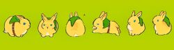 Rule 34 | animal, animal focus, animalization, belt, blue eyes, clothed animal, earrings, facing away, green background, green headwear, hamusitas, hat, highres, jewelry, link, multiple views, nintendo, profile, rabbit, running, simple background, sitting, standing, the legend of zelda