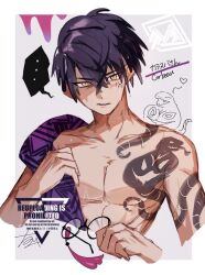 ... abs anger_vein arbok arm_tattoo b9-n3 bare_pectorals corbeau_(pokemon) gen_1_pokemon glasses grey_background heart highres holding holding_towel light_blush nintendo pectorals pokemon pokemon_(creature) pokemon_legends:_z-a purple_hair round_eyewear shoulder_tattoo speech_bubble spoken_heart tattoo towel towel_on_one_shoulder unworn_eyewear wet wet_hair yellow_eyes