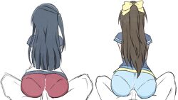 Rule 34 | 2boys, 2girls, absurdres, black hair, bow, brown hair, bulge, bulge to ass, buttjob, cum, cum in clothes, cum on ass, cum on body, cum on clothes, cum through clothes, hair bow, highres, long hair, love live!, love live! nijigasaki high school idol club, multiple boys, multiple girls, osaka shizuku, panties visible through clothes, pants, partially colored, projectile cum, shirt, shizuwonderland, sitting, sitting on lap, sitting on person, through clothes, yuki setsuna