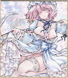 1girl absurdres adapted_costume blue_hat blue_kimono blue_ribbon blush breasts cherry_blossoms commentary_request dated flower folding_fan frilled_kimono frills garter_straps groin hand_fan hat highres holding holding_fan japanese_clothes kimono large_breasts long_sleeves looking_at_viewer medium_hair mob_cap monety neck_ribbon nipples no_panties pink_eyes pink_flower pink_hair ribbon ribbon-trimmed_sleeves ribbon_trim saigyouji_yuyuko shikishi signature sleeve_garter smile solo thighhighs touhou traditional_media white_thighhighs wide_sleeves