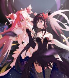 2girls akemi_homura akuma_homura argyle bare_shoulders black_dress black_gloves black_hair bow bow_hairband dress elbow_gloves feet_out_of_frame gloves hair_bow hairband highres kaname_madoka long_hair looking_at_another mahou_shoujo_madoka_magica multiple_girls night night_sky open_mouth pink_hair red_hairband red_ribbon ribbon signature sky smile star_(sky) strapless strapless_dress thighhighs ultimate_madoka white_dress white_gloves white_ribbon y2swan yellow_eyes