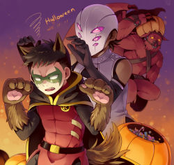 10s 1boy 1girl 2015 animal_ears artist_request batman_(series) belt brown_hair candy cape costume damian_wayne dark_skin dc_comics domino_mask elbow_gloves gloves goliath halloween hood mask maya_ducard monster open_mouth paw_gloves pumpkin robin_(dc) sleeveless tail wolf_ears wolf_tail