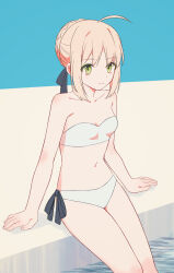 1girl ahoge artoria_pendragon_(fate) bikini blonde_hair breasts bun_with_braided_base cleavage commentary expressionless fate/hollow_ataraxia fate_(series) green_eyes hair_bun hair_ribbon highres navel poolside ribbon saber_(fate) single_hair_bun sitting small_breasts soaking_feet solo strapless strapless_bikini suzuakks swimsuit white_bikini