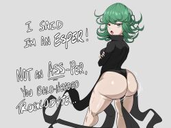 1girl ass bare_legs black_dress breasts clothes curly_hair curvy dress english_text female_focus green_hair grey_background highres huge_ass looking_back medium_hair one-punch_man pseudocel pun shiny_skin simple_background small_breasts solo tatsumaki wide_hips