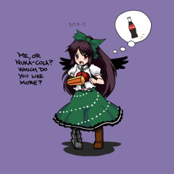 1girl asymmetrical_footwear black_hair blush boots bow drawfag english_text fallout female_focus full_body green_skirt hair_bow long_hair mismatched_footwear navel nuka_cola puffy_short_sleeves puffy_sleeves reiuji_utsuho shirt short_sleeves simple_background skirt solo speech_bubble thought_bubble touhou unyu white_shirt wings