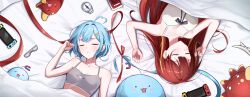 2girls =_hair_ornament absurdres ahoge akane_lize arahashi_tabi arm_up arms_up bare_shoulders black_ribbon blood blood_bag blue_hair blue_ribbon breasts center-flap_bangs cleavage closed_eyes closed_mouth collarbone commentary compass english_commentary grey_shirt hair_spread_out hairband handheld_game_console heart heart_ahoge highres large_breasts long_hair lying multicolored_hair multiple_girls on_back on_bed pienna_(akane_lize) pungdangi_(arahashi_tabi) red_hair red_ribbon ribbon rotational_symmetry shirt short_hair sidelocks sleeping sleepwear sleeveless sleeveless_shirt small_breasts stellive streaked_hair tsuyu_(yzxx7825) unworn_eyewear unworn_hairband upside-down very_long_hair virtual_youtuber white_shirt