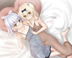 Rule 34 | 2boys, bare shoulders, bed, blonde hair, blue hair, bulge, crossdressing, erection, erection under clothes, green eyes, multiple boys, short hair, ten (tentojidon), trap, trap on trap