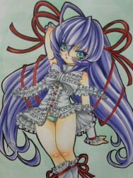 1girl al_azif_(demonbane) commentary_request demonbane dress flat_chest frilled_dress frills green_eyes green_panties hair_ribbon long_hair looking_at_viewer mugijirou panties pantyshot purple_hair red_ribbon ribbon solo thigh_gap underwear very_long_hair