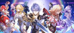 3boys 6+girls abs absurdres aglaea_(honkai:_star_rail) anaxa_(honkai:_star_rail) animal_ears antenna_hair aqua_hair arm_tattoo armlet armor black_choker black_coat black_gloves black_shirt blonde_hair blue_cape blue_eyes braid cape castorice_(honkai:_star_rail) cat_ears cat_girl chest_tattoo choker cipher_(honkai:_star_rail) coat commentary_request dress facial_tattoo fingerless_gloves flower gloves gold_necklace gradient_hair hair_between_eyes hair_flower hair_ornament highres holding holding_sword holding_weapon honkai:_star_rail honkai_(series) hyacine_(honkai:_star_rail) jewelry kass_(jtsp0) laurel_crown medium_hair multicolored_hair multiple_boys multiple_girls mydei_(honkai:_star_rail) necklace open_clothes open_coat pauldrons phainon_(honkai:_star_rail) pink_hair purple_eyes purple_hair red_hair red_tattoo shirt short_hair shoulder_armor side_braid single_glove single_pauldron sword tattoo tiara toned toned_male trianne_(honkai:_star_rail) tribbie_(honkai:_star_rail) trinnon_(honkai:_star_rail) weapon white_coat white_dress white_hair yellow_eyes