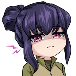 1girl annoyed breasts eva_(kavunyak) frown green_jacket hair_bun jacket korzynka_persykiv long_hair long_sleeves looking_at_viewer non-web_source original pink_eyes purple_hair russo-ukrainian_war shaded_face sidelocks small_breasts solo staring transparent_background upper_body