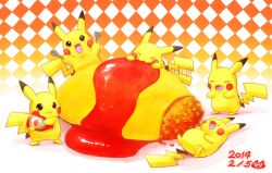 :3 bottle commentary_request drooling food food_on_face fork gen_1_pokemon happy holding holding_bottle holding_fork holding_spoon ketchup ketchup_bottle lai_(pixiv1814979) mouth_drool nintendo no_humans omelet omurice oversized_food oversized_object pikachu pokemon pokemon_(creature) spoon tail tail_wagging