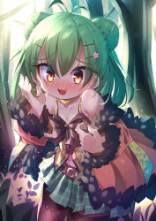 1girl ahoge antenna_hair bare_shoulders blush breasts cleavage double_bun embarrassed emil_chronicle_online forest green_hair green_skirt hair_bun hair_ornament hairclip highres jacket moran_alma nature nose_blush pantyhose plaid_clothes plaid_skirt raised_inner_eyebrows skirt undressing yellow_eyes yupi828
