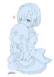 1girl apron bare_shoulders blue_theme blunt_bangs blush bow_button choker circle_skirt coattails covered_mouth dated detached_sleeves dot_nose flower_hairpin flower_knot frilled_apron frilled_choker frilled_skirt frilled_sleeves frills full_body hair_ornament hair_over_one_eye hair_ribbon hairclip heart highres holding holding_tray kneeling long_sleeves maid miniskirt monochrome re:zero_kara_hajimeru_isekai_seikatsu rem_(re:zero) ribbon shirt short_hair shy simple_background skirt sleeveless sleeveless_shirt solo spot_color tareme tray twitter_username unasaka_ryou white_background x_hair_ornament