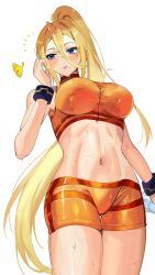 1girl absurdres alternate_color blonde_hair blue_eyes breasts commentary_request crop_top cropped_shirt eyelashes ginkgo_leaf highres large_breasts leaf long_hair metroid metroid:_zero_mission midriff mole mole_under_mouth navel nintendo orange_shirt orange_shorts parted_lips player_2 ponytail samus_aran shirt shorts simple_background solo super_smash_bros. sweat white_background yasaikakiage