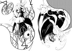 2girls absurdres demon_wings greyscale hakama hands_in_opposite_sleeves hat highly_responsive_to_prayers highres holding holding_knife japanese_clothes kaigen_1025 knife long_hair mima_(touhou) monochrome multiple_girls ponytail shaded_face touhou touhou_(pc-98) wide_sleeves wings yuugenmagan