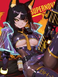 Rule 34 | 1girl, absurdres, animal ears, between breasts, black hair, black sclera, blonde hair, boagnnnnnnn, breasts, capelet, caution tape, claws, cleavage, clothing cutout, colored inner hair, colored sclera, commission, covered navel, cyber fashion, cyberpunk, cyborg, fox girl, fox tail, gun, hair between eyes, handgun, highleg, highres, holding, holding gun, holding weapon, holster, joints, leotard, long hair, looking at viewer, mechanical arms, mechanical hands, midriff, multicolored hair, navel, necktie, necktie between breasts, original, prosthesis, prosthetic arm, robot joints, science fiction, see-through clothes, see-through skirt, see-through sleeves, sideboob, sign, skirt, smile, solo, tail, thigh holster, thighs, two-tone hair, underboob, underboob cutout, warning sign, weapon, yellow eyes, yellow necktie