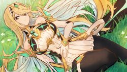 Rule 34 | 1girl, absurdres, bare shoulders, blonde hair, breasts, chest jewel, elbow gloves, gloves, headpiece, highres, large breasts, looking at viewer, lying, mythra (massive melee) (xenoblade), mythra (xenoblade), on back, smile, solo, swept bangs, xenoblade chronicles (series), xenoblade chronicles 2, yellow eyes, yrouumkinnoaw