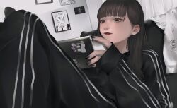 1girl black_eyes black_hair black_jacket black_nails black_pants black_track_suit closed_mouth commentary_request eyelashes fingernails handheld_game_console highres holding holding_handheld_game_console hood hoodie indoors jacket knees_up lipstick long_hair lying makeup mano_aaa nail_polish nintendo_switch on_back original pants picture_frame playing_games portrait_(object) red_lips sleeves_past_wrists solo track_suit unworn_hoodie