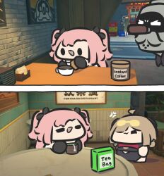 1boy 3girls anger_vein angry cafe chibi chinese_text closed_eyes coffee coffee_mug cup drink english_text game_screenshot_background green_tea highres holding holding_cup mug multiple_girls nicole_demara pout robot screenshot_background superappleman sweety_(zenless_zone_zero) table tea teabag teacup tin_master_(zenless_zone_zero) zenless_zone_zero