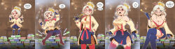 1girl absurdres age_progression bare_shoulders black_gloves black_pantyhose black_thighhighs blue_socks book book_stack breast_expansion breasts coat commentary crossed_legs english_commentary english_text eyeliner flute gloves grin hair_ornament hairband highres holding holding_flute holding_instrument holding_smoking_pipe incredibly_absurdres instrument kneehighs large_breasts loli long_hair makeup medium_breasts miniskirt mporci nintendo one_eye_closed open_mouth over-kneehighs pantyhose pencil_skirt purah purah_(young) recorder red-framed_eyewear red_eyeliner red_eyes red_hairband shiny_skin sitting skirt smile smoking_pipe socks the_legend_of_zelda the_legend_of_zelda:_breath_of_the_wild the_legend_of_zelda:_tears_of_the_kingdom thighhighs torn_clothes transformation white_hair yellow_coat