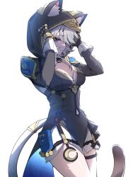 1girl animal_ear_fluff animal_ears animal_hood belt black_gloves black_leotard blue_eyes breasts cat_ears cat_girl cat_hood cat_tail cipher_(honkai:_star_rail) cleavage commentary_request fingerless_gloves gloves grey_hair highres honkai:_star_rail honkai_(series) hood hooded_leotard large_breasts leotard pinponpaaru short_hair_with_long_locks shorts simple_background solo tail thigh_belt thigh_strap thighs white_background white_shorts