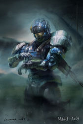1boy armor carter-a259 character_name gun halo:_reach halo_(game) halo_(series) hand_up highres holstered loftiwei looking_down male_focus solo spartan_(halo) visor weapon