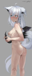 1girl absurdres ahoge animal_ears aqua_eyes ass blush braid breasts commentary_request completely_nude dated fox_ears fox_girl fox_tail from_side highres holding_own_tail hololive large_areolae long_hair medium_breasts midnight_(midnightstream3) nipples nude shirakami_fubuki side_braid signature solo tail very_long_hair virtual_youtuber white_hair