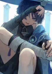 Rule 34 | 1boy, absurdres, anemo symbol (genshin impact), armor, backlighting, black bodysuit, black bridal gauntlets, black hair, black leggings, black shorts, blue cape, blue gemstone, blue hat, blunt ends, bodysuit, bridal gauntlets, cape, fingernails, gem, genshin impact, gold, grey eyes, hand up, hat, highres, japanese armor, japanese clothes, jingasa, kimono, kote, kurokote, leg over thigh, leg warmers, leggings, looking at viewer, male focus, man015s, open clothes, open kimono, purple rope, rope, scaramouche (genshin impact), shorts, shoulder peek, solo, tassel, wanderer (genshin impact), watermark, white background, white kimono, white leg warmers, white trim, wispy bangs