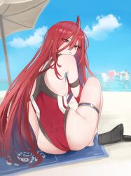 Rule 34 | 4girls, ahoge, ass, barefoot, beach, black thighlet, blue hair, blue sky, cecilia immergreen, cecilia immergreen (holonatsu paradise), closed mouth, cloud, colored inner hair, commentary, day, elizabeth rose bloodflame, elizabeth rose bloodflame (holonatsu paradise), flame print, from behind, full body, gigi murin, gigi murin (holonatsu paradise), hair between eyes, highleg, highleg one-piece swimsuit, highres, hololive, hololive english, holonatsu paradise, huge ahoge, long hair, long hair between eyes, looking at viewer, looking back, malvar, multicolored hair, multiple girls, ocean, official alternate costume, one-piece swimsuit, outdoors, raora panthera, raora panthera (holonatsu paradise), red eyes, red hair, red one-piece swimsuit, sitting, sky, solo focus, swimsuit, symbol-only commentary, very long hair, virtual youtuber