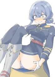 Rule 34 | 1girl, @ @, akara kai, blue eyes, blue hair, blush, boots, breasts, gloves, gotland (kancolle), grabbing own thigh, hair between eyes, hair bun, half gloves, highres, kantai collection, long hair, looking at viewer, military uniform, mole, open mouth, panties, purple panties, single hair bun, sitting, skirt, solo, underwear, white gloves