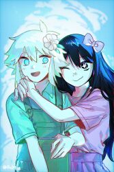 +_+ 1boy 1girl :d ;) aged_down alternate_hair_color androgynous antenna_hair aqua_shirt aubrey_(faraway)_(omori) aubrey_(omori) basil_(faraway)_(omori) basil_(omori) black_eyes black_hair blue_eyes blue_sky bow bright_pupils bu3hgg chromatic_aberration closed_mouth cloud collared_shirt day double-parted_bangs downturned_eyes film_grain fingernails flower green_overalls hair_between_eyes hair_bow hair_flower hair_ornament hashtag-only_commentary highres hug hug_from_side leaf long_hair looking_at_viewer omori one_eye_closed open_mouth outdoors overalls own_hands_together pink_bow pink_shirt pleated_skirt purple_skirt shirt shirt_tucked_in short_hair short_sleeves skirt sky smile upper_body very_long_hair white_flower white_hair white_pupils