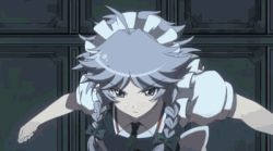 1girl animated animated_gif attack between_fingers braid clock female_focus gears holding izayoi_sakuya jumping knife lowres lunamoon maid maid_headdress silver_hair solo the_memories_of_phantasm time_stop too_many touhou