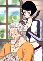 Rule 34 | 1boy, 1girl, beard, black hair, blunt bangs, bob cut, brushing another&#039;s hair, brushing hair, bubble, cigarette, commentary request, couple, eyelashes, facial hair, glasses, hand in another&#039;s hair, highres, indoors, long sleeves, musasabiop, one piece, orange shirt, scar, scar across eye, scar on face, shakuyaku (one piece), shirt, sidelocks, silvers rayleigh, smile, smoke, v-shaped eyebrows, white hair
