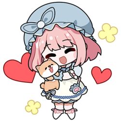 1girl ^_^ animal animal_hug apron artist_request ascot blue_bow blue_gloves blue_hat blue_ribbon blue_shirt blue_shorts blush_stickers bow bow_legwear brooch bye-bye_dust_(infinity_nikki) chibi closed_eyes collared_shirt dog floof_(infinity_nikki) flower frilled_gloves frilled_headwear frilled_sleeves frills gloves happy hat hat_bow heart holding holding_animal holding_dog infinity_nikki jewelry kneehighs lowres medium_hair mob_cap nikki_(series) no_shoes official_art open_mouth paw_print pink_bow pink_hair pocket pom_pom_hat_ornament puffy_short_sleeves puffy_sleeves ribbon shiba_inu shirt short_sleeves shorts sleeve_bow smile socks solo standing transparent_background white_apron white_ascot white_bow white_socks yellow_flower