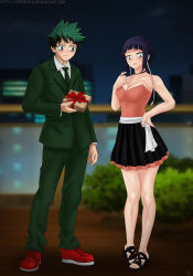 1boy 1girl amenoosa boku_no_hero_academia box choker commission dress formal_clothes gift gift_box green_eyes green_hair green_pants green_suit high_heels jirou_kyouka midoriya_izuku multicolored_dress pants purple_hair sandals shoes sneakers suit toes