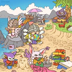 1girl 3boys 6+others angemon angewomon ball beach beach_umbrella beachball blue_eyes bubbmon can cape cloud cloudy_sky commentary cooking cooler crab digimon digimon_(creature) drink_can eating english_commentary food footprints fruit furry furry_male grass green_eyes greymon hat highres holding holding_ball holding_beachball holding_food holding_fruit holding_spatula holding_surfboard holding_watermelon impmon kuramon mochimon multiple_boys multiple_others nyakiworld on_rock outdoors palm_tree red_eyes rock sand sand_sculpture seaweed sitting sky smile spatula summer surfboard sweatdrop tailmon towel toyagumon tree umbrella water watermelon weregarurumon wizard_hat wizarmon yellow_eyes