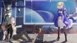 ahoge animal_ears are_you_my_master armor artoria_pendragon_(fate) black_boots black_coat black_gloves black_hair black_pants black_shirt blonde_hair blood blue_bow blue_bowtie blue_dress blue_eyes blue_sky blush body_markings boots bow bowtie braid breasts brown_boots brown_pantyhose buttons caelus_(honkai:_star_rail) chair chinese_clothes cleavage_cutout clothing_cutout coat constellation_print creature crossed_arms dan_heng_(honkai:_star_rail) dan_heng_(hunt)_(honkai:_star_rail) dress eyeliner fate/stay_night fate/unlimited_blade_works fate_(series) fingerless_gloves floating_clothes floor frills full_body fur-trimmed_coat fur_trim gloves green_eyes grey_hair grey_pants hair_between_eyes hair_bun half-closed_eyes hat holding holding_polearm holding_weapon honkai:_star_rail honkai_(series) hood hooded_coat juliet_sleeves koukai_sita lamp long_sleeves looking_at_another makeup medium_breasts nosebleed open_clothes open_coat open_mouth pants pantyhose parody polearm pom-pom_(honkai:_star_rail) puffy_sleeves rabbit_ears red_coat red_eyeliner red_hat saber_(fate) saber_(honkai:_star_rail)_(fate) saturn_(planet) scared shadow shirt short_hair shoulder_armor sidelocks sitting sky space spear standing t-shirt table trailblazer_(honkai:_star_rail) two-sided_coat two-sided_fabric two-tone_dress weapon white_coat white_dress white_shirt window yellow_eyes