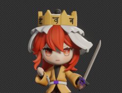 1other 3d androgynous bad_id bad_tumblr_id belt belt_buckle black_background black_pants black_shirt buckle chibi clenched_hand commentary crown determined english_commentary haori hart_kazami hexagram holding holding_sword holding_weapon jacket japanese_clothes layered_sleeves len&#039;en long_hair long_sleeves looking_at_viewer ooya_kunimitsu other_focus pants red_hair sheath shirt solo star_of_david sword turtleneck turtleneck_shirt veil weapon white_belt white_veil yellow_crown yellow_jacket