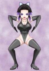 1girl absurdres barefoot black_hair black_leotard boots bowlegged_pose breasts butterfly_hair_ornament cameltoe cleavage closed_eyes collarbone corruption covered_navel gloved_sleeves gluteal_fold haigure_pose hair_ornament high_heels highleg highleg_leotard highres kimetsu_no_yaiba kochou_shinobu latex latex_leotard leotard looking_at_viewer mind_control multicolored_hair parted_bangs purple_hair sansiki_high_gle shaded_face short_hair solo thigh_boots v-shaped_eyebrows