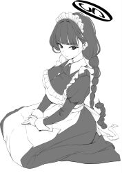 1girl alternate_costume alternate_hairstyle apron blue_archive blunt_bangs braid braided_ponytail closed_mouth dress greyscale hair_behind_ear highres jun_project looking_at_viewer maid maid_apron maid_headdress monochrome own_hands_together rio_(blue_archive) seiza sitting solo