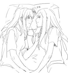 2girls blush closed_mouth commentary_request eye_contact fujino_shizuru greyscale guri_gom hand_on_another&#039;s_head highres holding_hands korean_commentary korean_text kuga_natsuki long_hair looking_at_another lying monochrome multiple_girls my-hime on_bed on_side pillow short_sleeves smile translation_request yuri