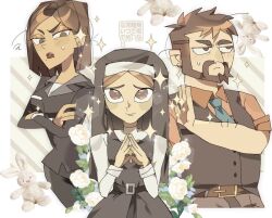1boy 2girls amelie_pierre beard black_dress black_jacket black_pants blazer blue_necktie brown_eyes brown_hair brown_vest collared_shirt commentary_request disventure_camp dokusuji_(kw9onou58) dress earrings facial_hair flower highres isabel_carboni jacket jewelry mole mole_under_mouth multiple_girls necktie nun orange_shirt pants rose shirt short_hair sparkle sparkling_aura steepled_fingers ted_gordon traditional_nun translation_request vest white_flower white_rose white_shirt