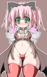 1girl animal_ears armor bikini bikini_under_clothes blush breasts brown_background brown_coat cat_ears coat commentary_request cowboy_shot fake_animal_ears gem gluteal_fold green_eyes highleg highleg_bikini looking_down medium_hair navel open_clothes open_coat open_mouth pauldrons pink_hair prototype_design purple_gemstone ragnarok_online rakuma_kanori red_bikini red_thighhighs rune_knight_(ragnarok_online) shoulder_armor simple_background small_breasts solo swimsuit thighhighs two_side_up