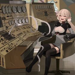 1girl black_gloves black_thighhighs blonde_hair breasts closed_eyes dress gloves highres kiriyaukiyoe laika_(kiriyaukiyoe) long_hair low_twintails on_chair open_mouth original pointy_ears russian_text sitting small_breasts teeth thighhighs tongue twintails upper_teeth_only very_long_hair zettai_ryouiki