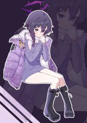 1girl absurdres blue_archive boots bow braid breath cable_knit closed_mouth dispwnl down_jacket full_body hair_between_eyes hair_bow hair_ornament hairclip halo haruka_(blue_archive) highres invisible_chair jacket jacket_on_shoulders knee_boots long_sleeves looking_at_viewer purple_background purple_boots purple_bow purple_eyes purple_hair purple_halo purple_jacket purple_pupils purple_scarf purple_sweater quilted_jacket scarf single_braid sitting sleeves_past_wrists smile steepled_fingers sweater zoom_layer